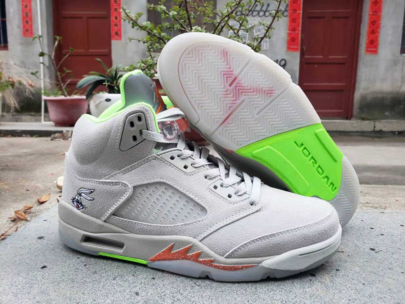 2022 Air Jordan 5 Hare Grey Orange Green Shoes